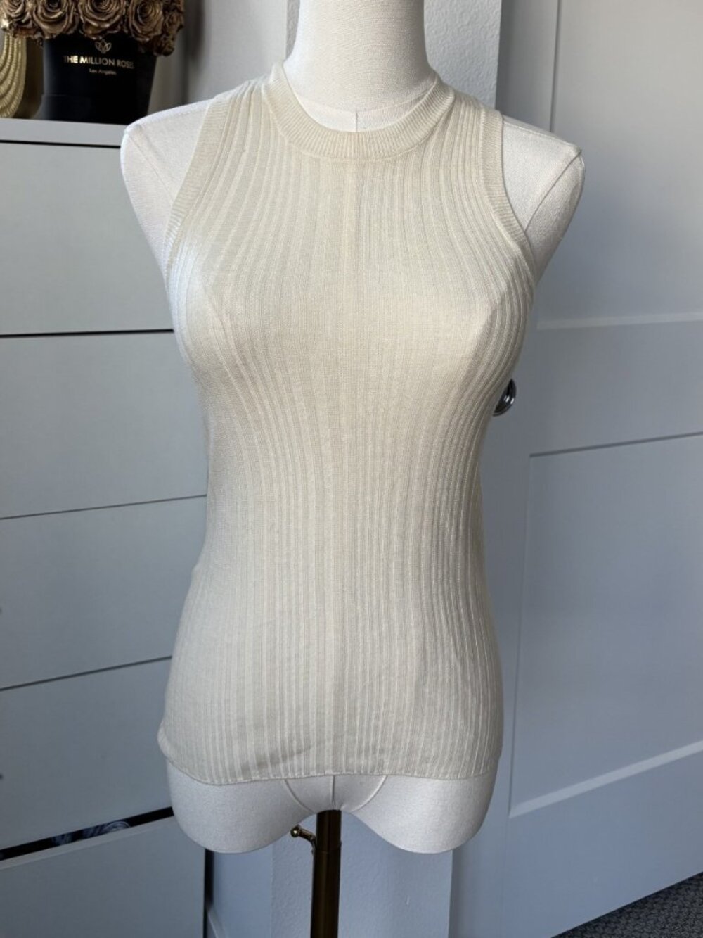 ZARA Ribbed Extra Fine Wool Knit Tank Top in Ecru Crewneck Womens Size Medium NW